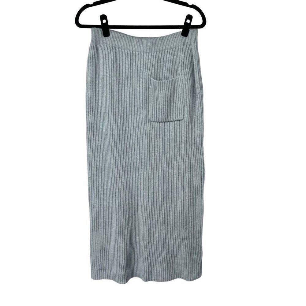 ChouYatou Light Blue Ribbed Knit Midi Pencil Sweater Skirt Sz L Women’s‎